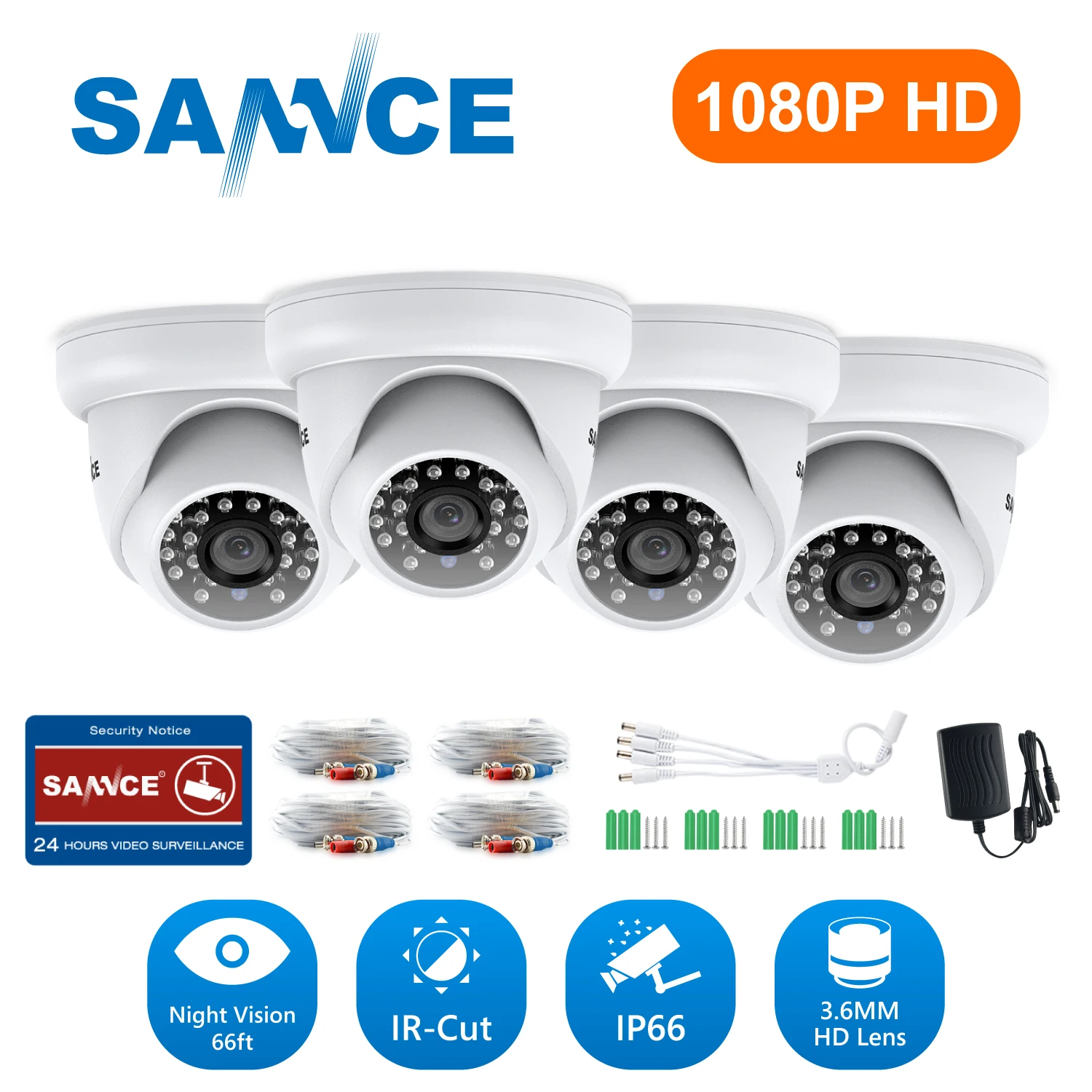 SANNCE 4STK 1080P HD-AHD Sikkerhed Dome Kamera Smart IR Night Vision CCTV overvågningskamera til Indendørs Udendørs Vejrandige Kameraer