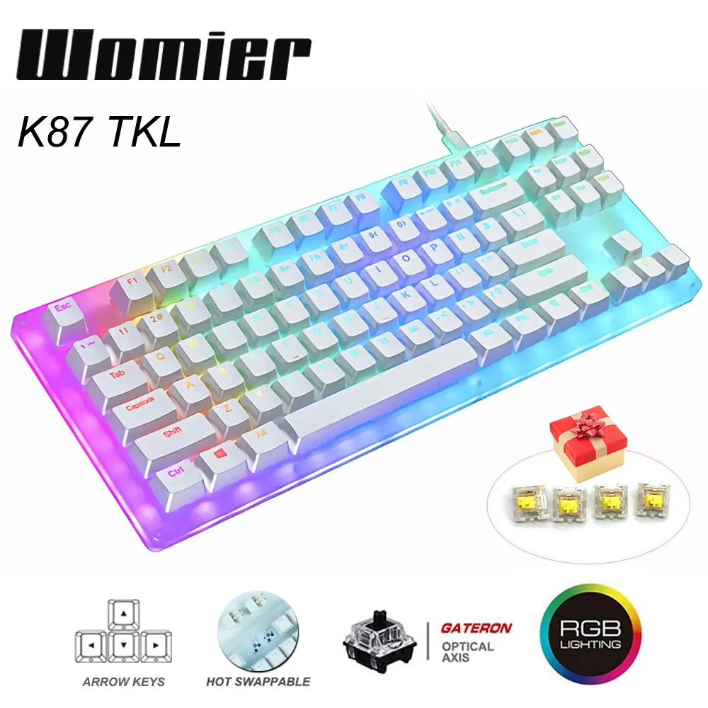 Womier 87 centrale K87 Hot Swappable RGB Gaming Mekanisk Tastatur 80% Gennemsigtig Glas Base Gateron Skifte med Krystallinsk Base