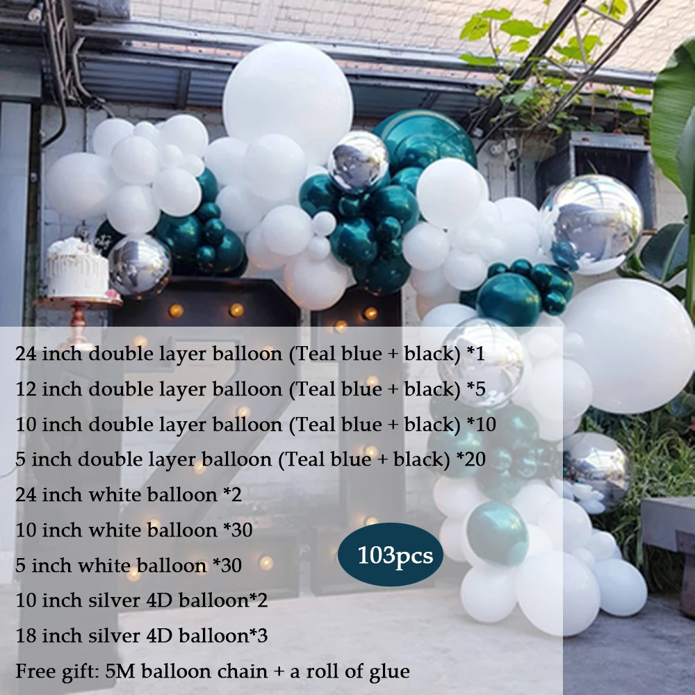 103Pcs Teal Blå Dobbelt Ballon Hvid Ballon Guirlande-Arch Kit Fødselsdag, Fødselsdag, Bryllup Valentine ' s Day-års Jubilæum