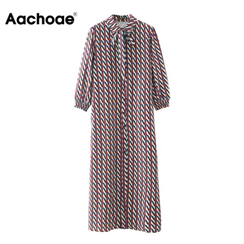 Aachoae Geometriske Print Vintage Lang Skjorte Kjole Kvinder Kontor Slid Elegant Kjole Bow Tie Turn Down Krave Casual Kjoler Vestido