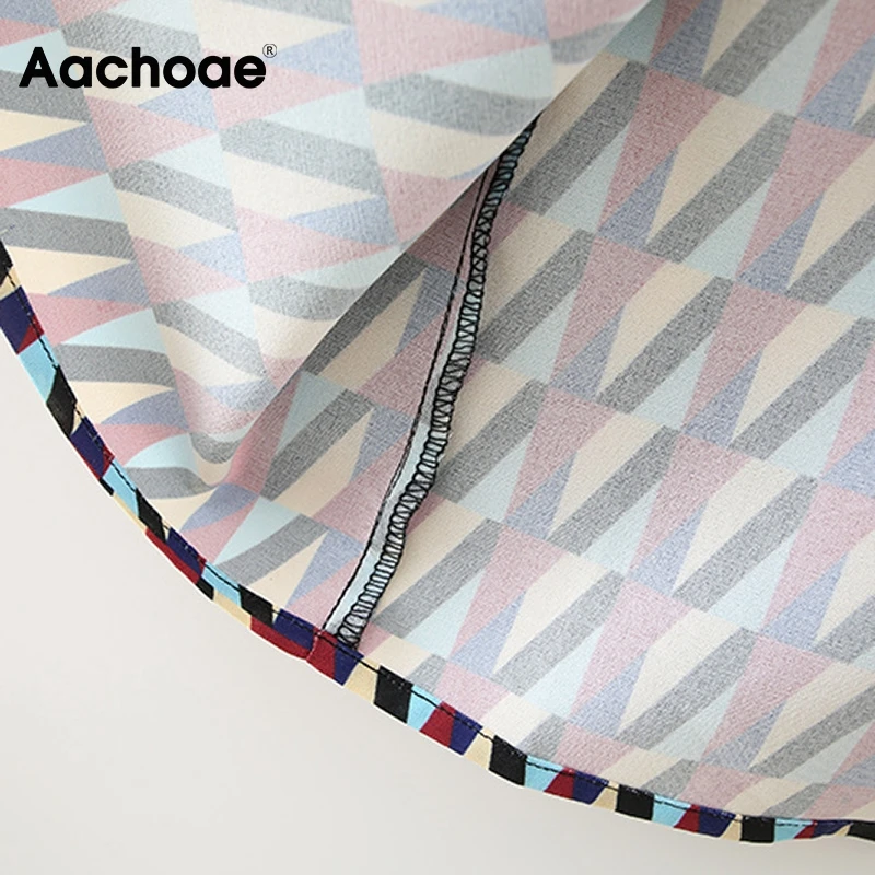 Aachoae Geometriske Print Vintage Lang Skjorte Kjole Kvinder Kontor Slid Elegant Kjole Bow Tie Turn Down Krave Casual Kjoler Vestido