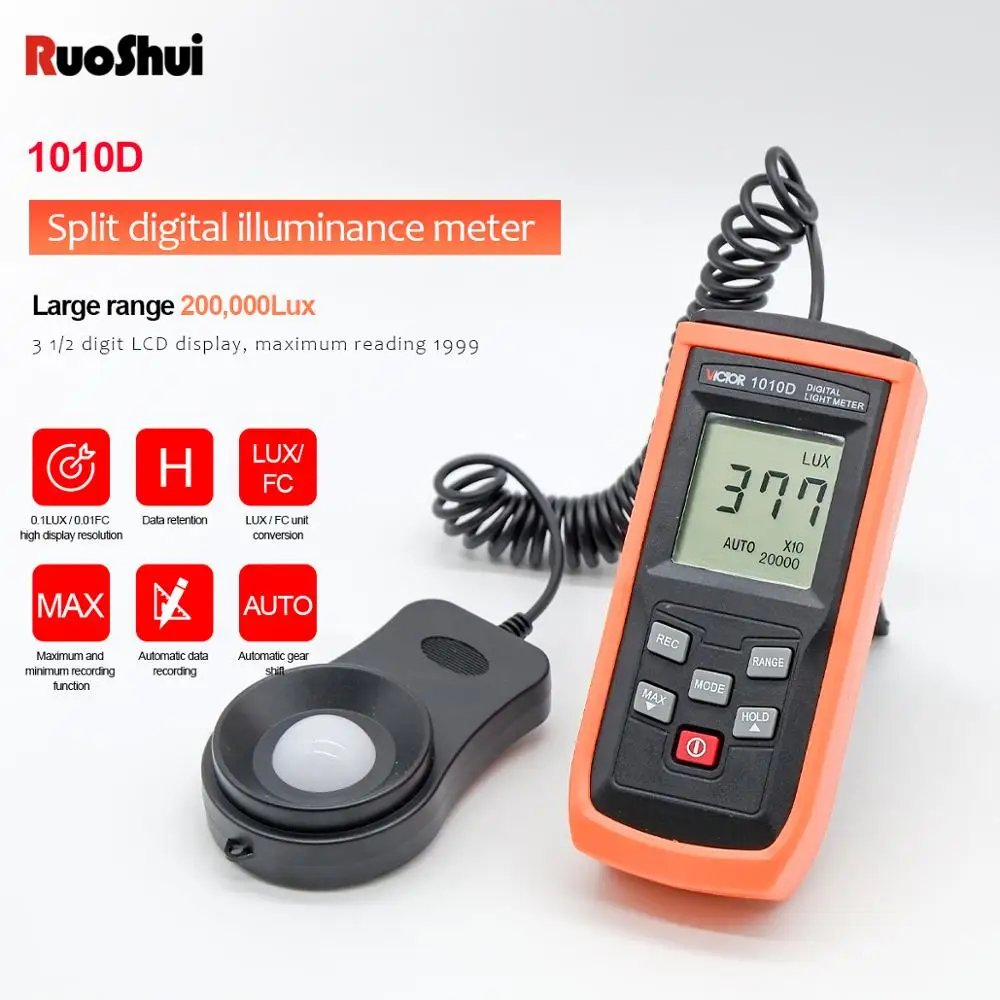 RuoShui 1010D Digital light meter Håndholdte Mini LCD-Luminometer 0-200000 LUX Fc Fotometer Luxmeter Belysningsstyrken LUX Meter tester