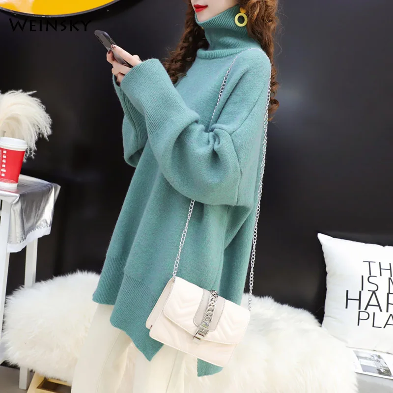 Kvinder Overdimensionerede Rullekrave Strikket Sweater Og Pullovere Koreanske Mode Stil Kvinder Trøjer 2019 Efterår Og Vinter Nye Toppe