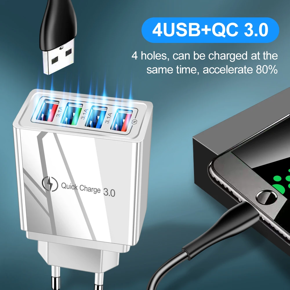 Hurtig Opladning 3.0 4 Port USB Oplader Mobiltelefon Hurtig Opladning af Bærbare Oplader EU/US Plug Adapter Til iPhone, Samsung S9 S8