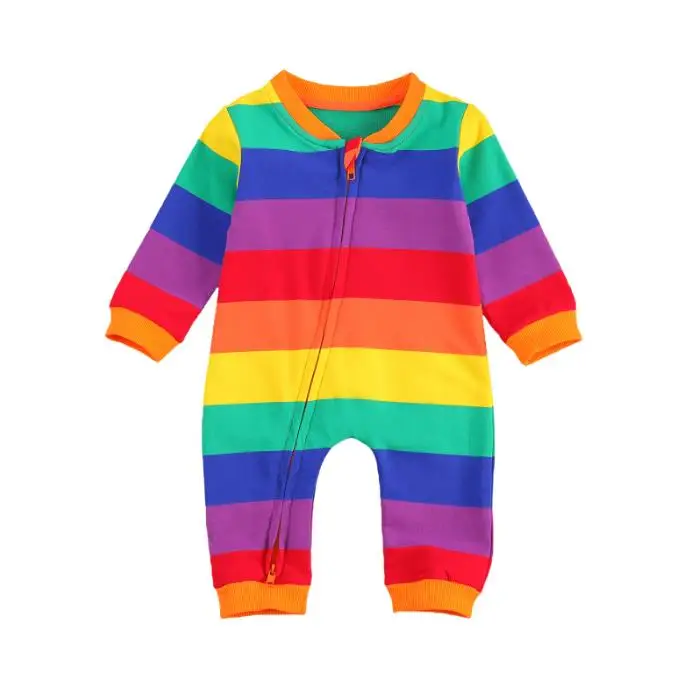 Nyfødte Baby Strippet Rainbow Romper Spædbarn Efterår Forår Afslappet Med Lange Ærmer Rund Hals Og Lynlås Buksedragt Rompers Baby Tøj