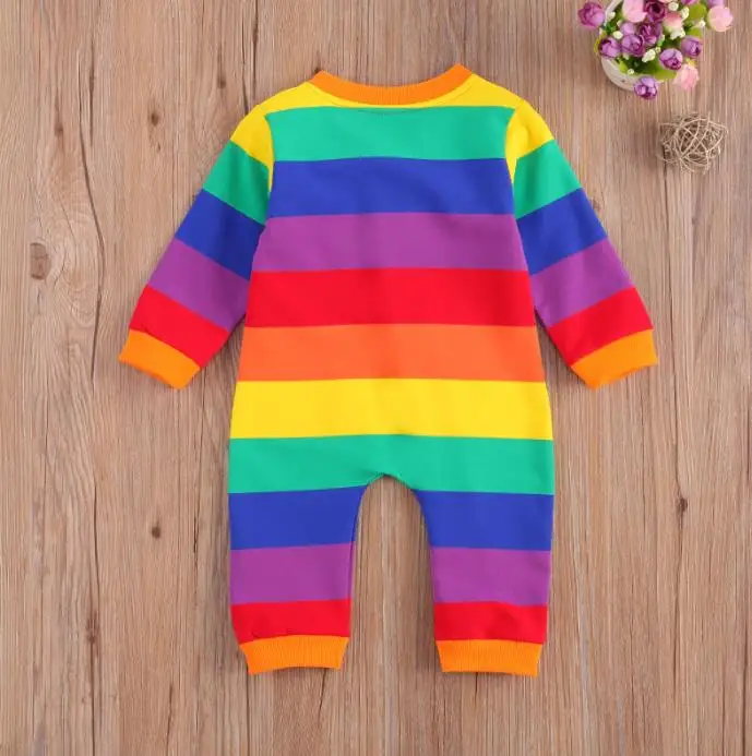 Nyfødte Baby Strippet Rainbow Romper Spædbarn Efterår Forår Afslappet Med Lange Ærmer Rund Hals Og Lynlås Buksedragt Rompers Baby Tøj