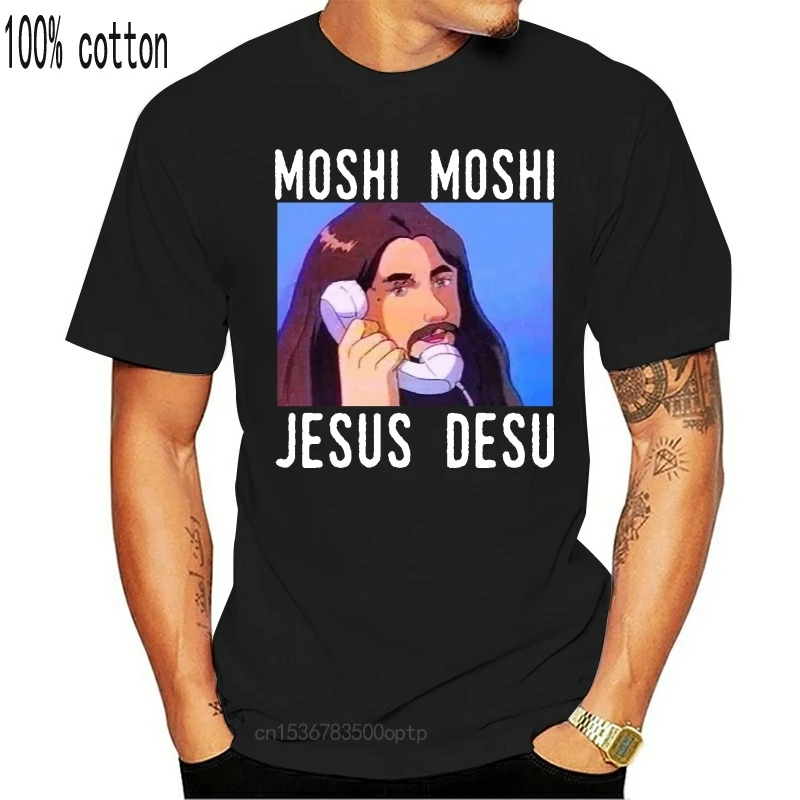 Moshi Moshi Jesus Desu Sjove Meme T-Shirt Sort 2019 Bomuld Mænd S-4Xl Shirt