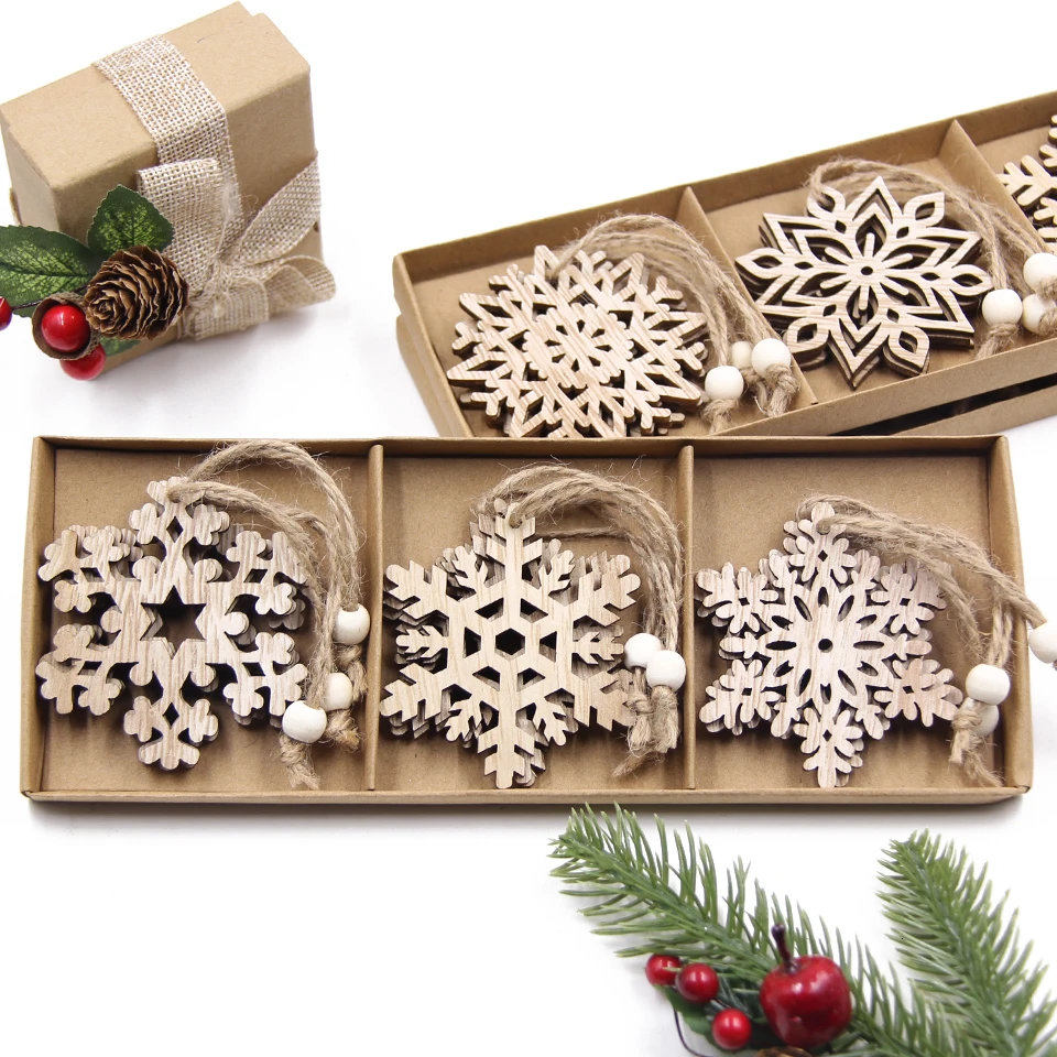 12PCS/Kasse Multi Type Jul Snefnug Træ-Vedhæng Smykker DIY Jul Hængende Ornamenter Dekorationer Snefnug Gaver