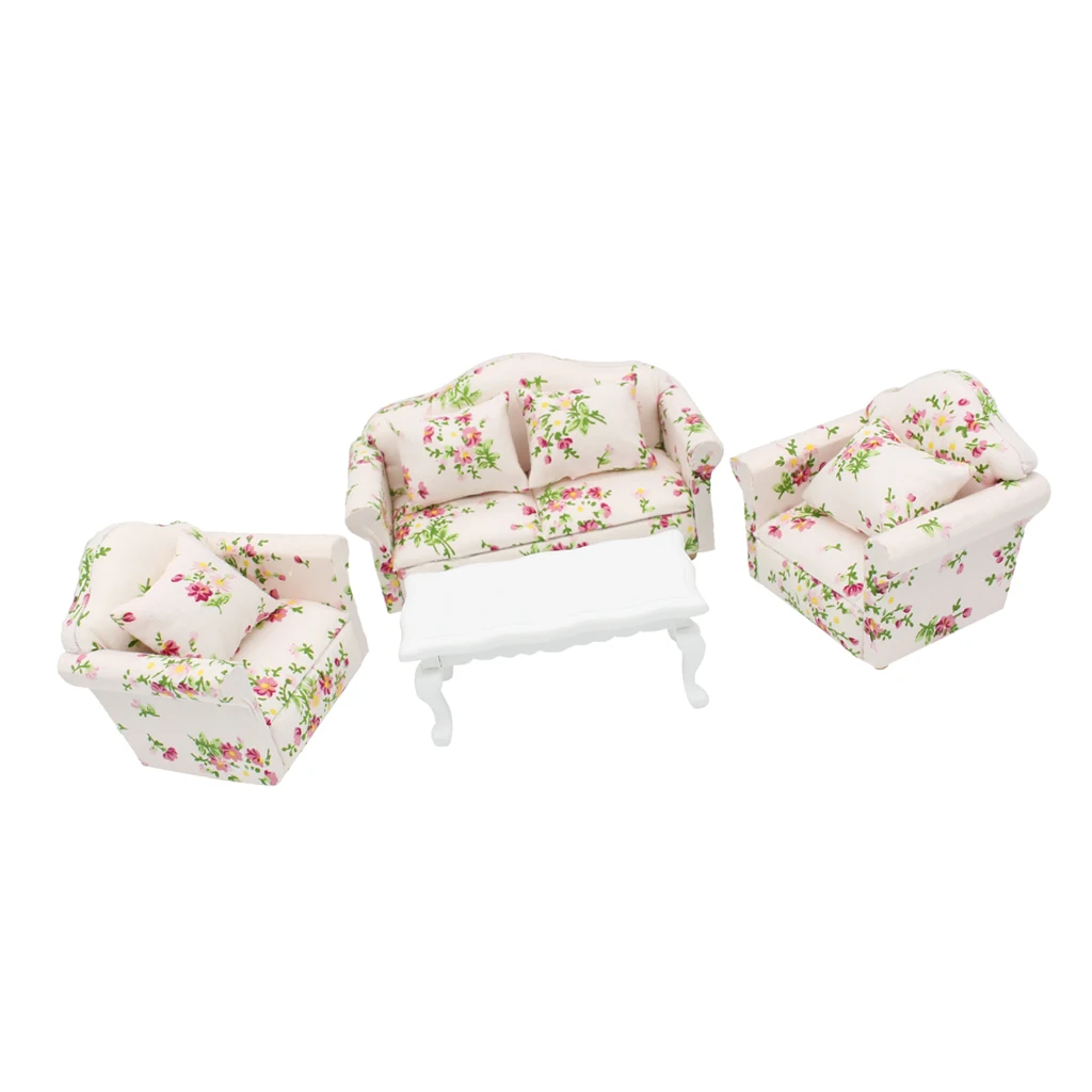 Dukkehus Miniatures Stue Møbler, der er Blomstret Sofa Couch Ende Tabel Kits 1:12