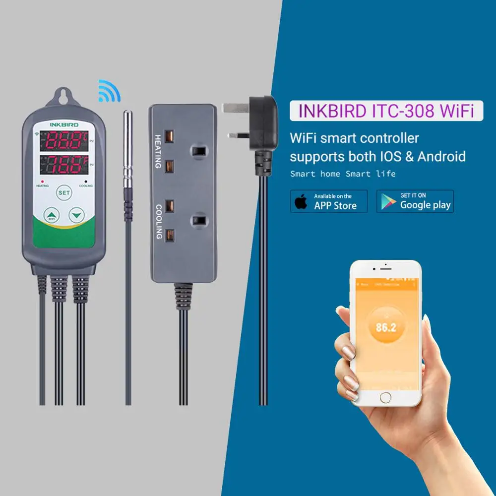 Inkbird UK Stik ITC-308 WIFI Gratis App, der er Tilsluttet Digital Temp Controller med Alarm&Dobbelt Relæ Output til Varme/Køling Brug
