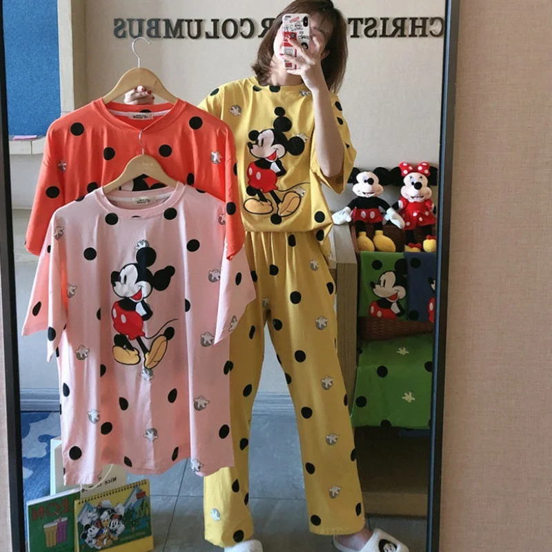 2PSC Disney Tegnefilm Trykt Pyjamas Søde Mickey Mouse Dot Plaid Løse Korte Ærmer Bukser Sove Passer til Runde Kvinder Pyjamas Sæt