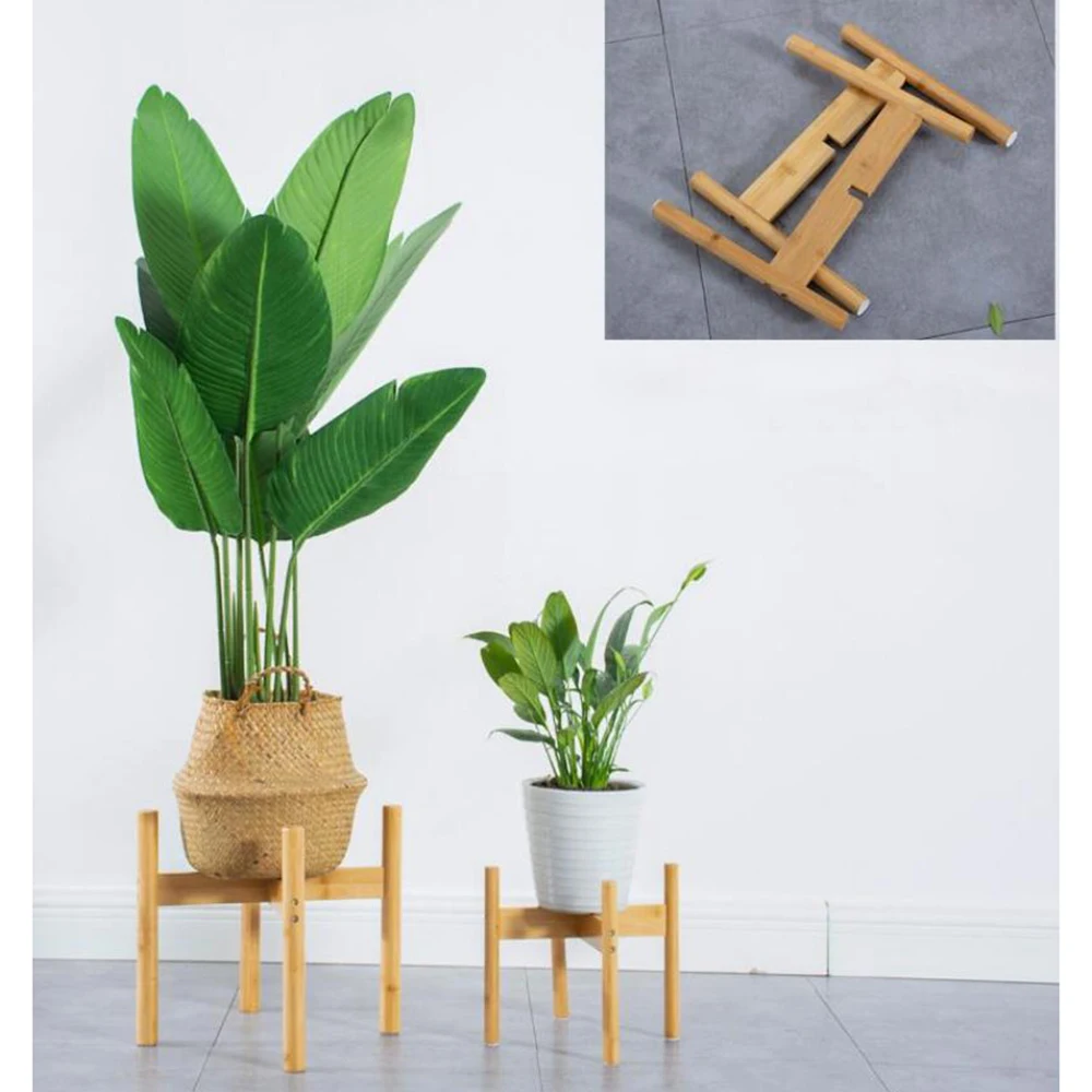 Bærbare Enkelt Bay Bambus Blomst Stå Holdbar firbenede Vase Flower Pot Slip Beslag Mini Anlæg Pot Holder urtepotteskjuler Hylde