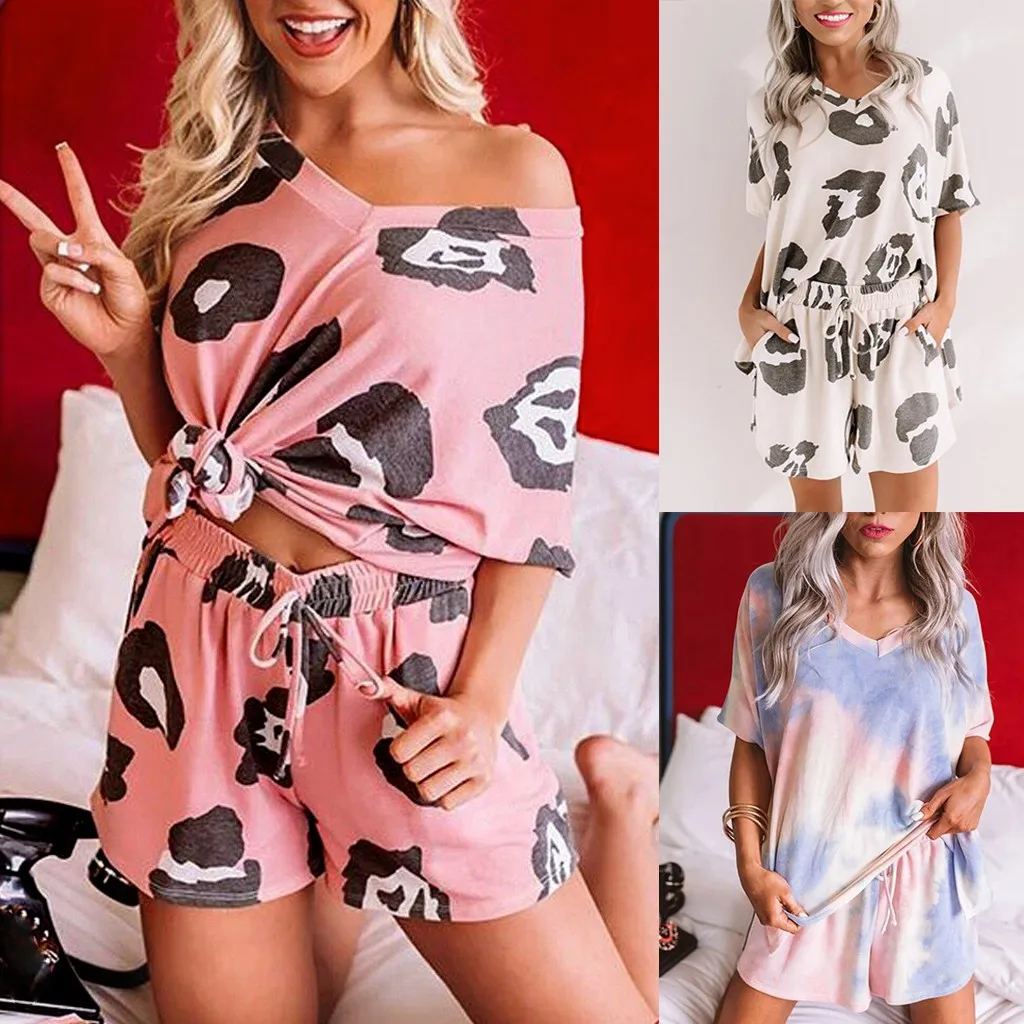 2 stk Pijamas Kvinder Pyjama Nattøj Sæt kortærmet Top Shorts Nattøj Sæt Nattøj Kvinder Bomuld Pyjamas Femme 2020#g3