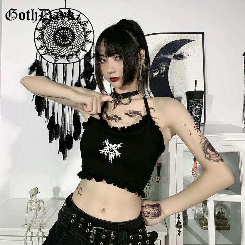 Goth Mørke Gotiske Æstetiske Harajuku Camis Sort Mall Goth Alternativ Kvinder Grafisk Print Sexet Crop Tops Flæser Backless Outfit
