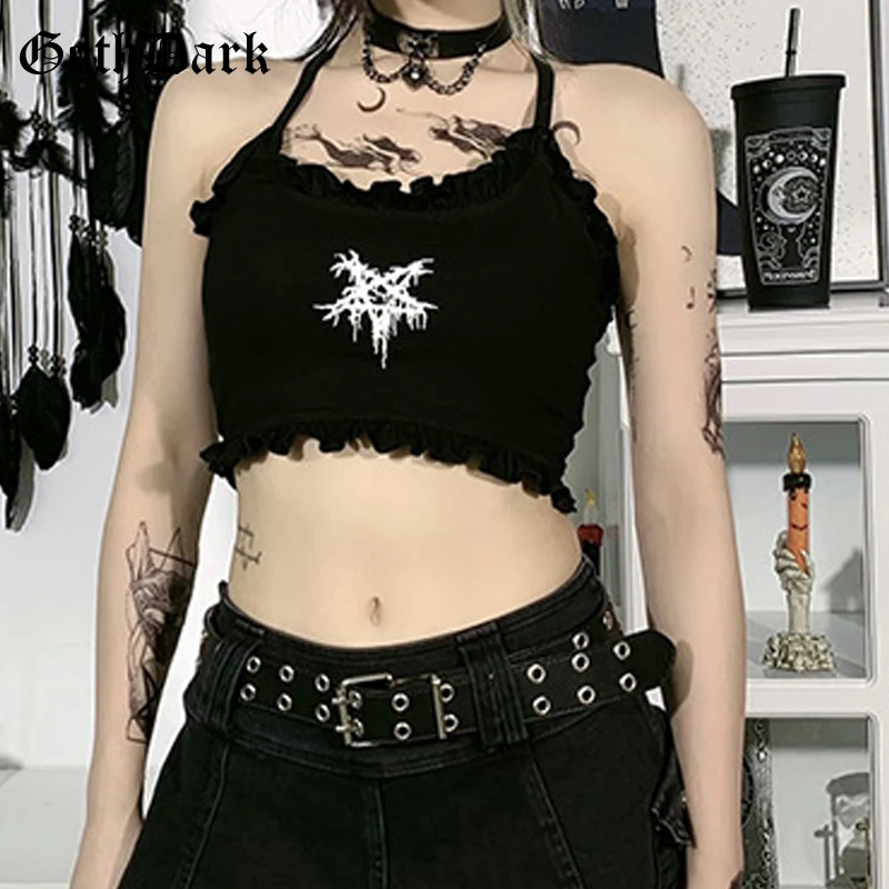 Goth Mørke Gotiske Æstetiske Harajuku Camis Sort Mall Goth Alternativ Kvinder Grafisk Print Sexet Crop Tops Flæser Backless Outfit