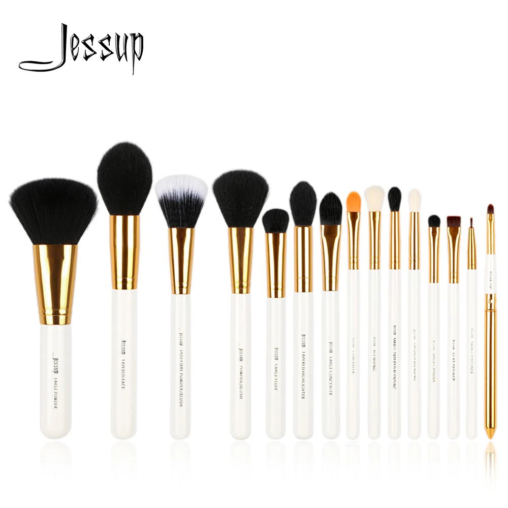 Jessup børster 15pcs Makeup Pensler til Pudder Foundation make up børste sæt Eyeshadow Eyeliner, Lip Værktøj Hvid / Guld Kosmetiske skønhed