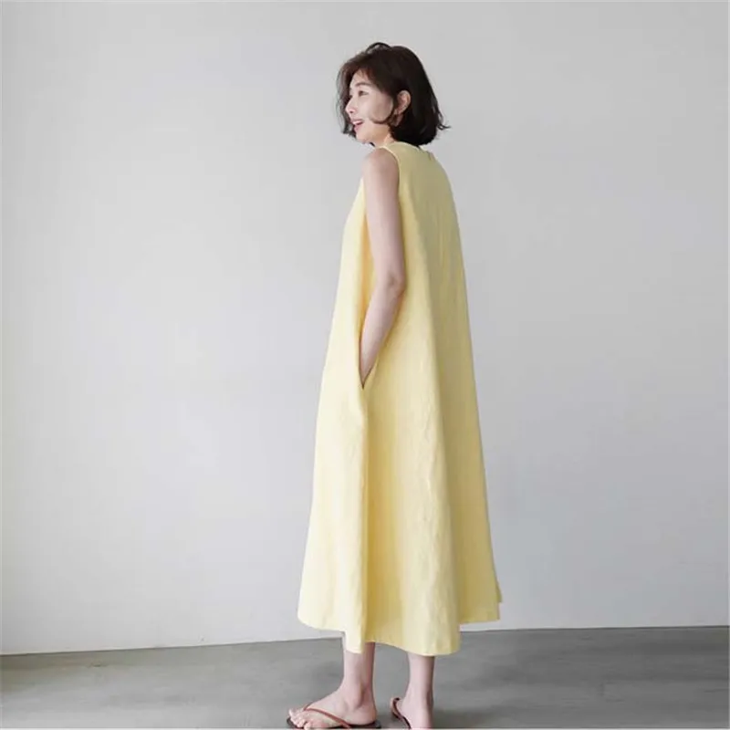 Johnature Nye Koreanske Plus Size Sengetøj Solid Farve Kvinder Kjoler 2021 Sommeren Afslappet Enkel Lommer, A-Linje Kvindelige Kjole
