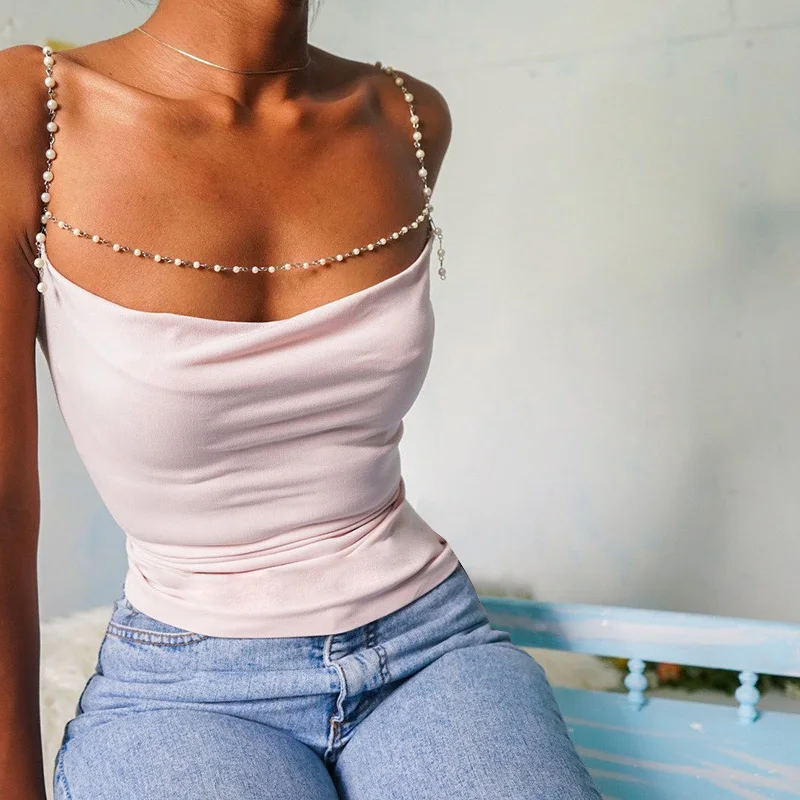 Beyouare sexet camis kvinder 2020 pearl stropper toppe om sommeren elegante ruched fashion streetwear casual ryg kryds & tværs camisole