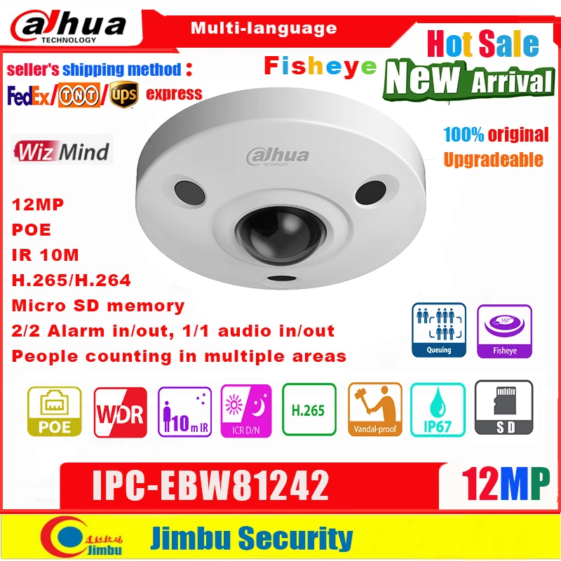Dahua 12MP IP-Kamera Fisheye Kamera IPC-EBW81242 Mennesker tælle H. 265 POE IR10m bygge i MIC 2/2 Alarm ind/ud Micro SD-hukommelse