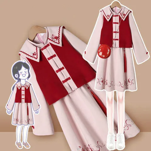 Plus Size Kvinder, i Traditionel Kinesisk Stil Hanfu Kjole Mid-længde Forbedret Vest Nederdel To-piece Suit Cheongsam Vestidos