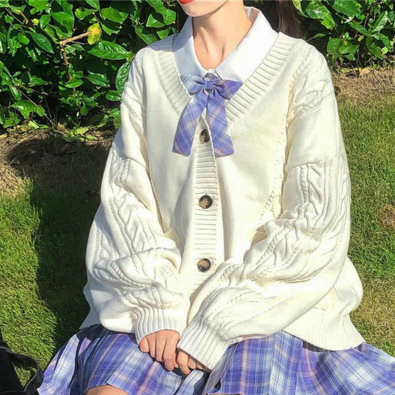 Søde Søde Kawaii Lolita Girl Strik Sweater Dovne Preppy Stil Løs Puff Ærmer Harajuku Piger JK Uniform Sweater Frakke S~2XL