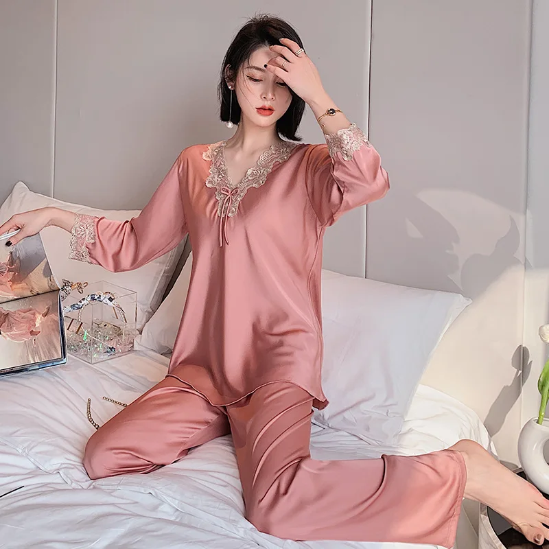 Sexy Lace Pyjamas Sæt 2STK Nattøj Kvinder Satin Silke Pink Pyjamas Intime Lingeri Silke Morgenkåbe Forår Hjem Shirt&Bukser Sæt