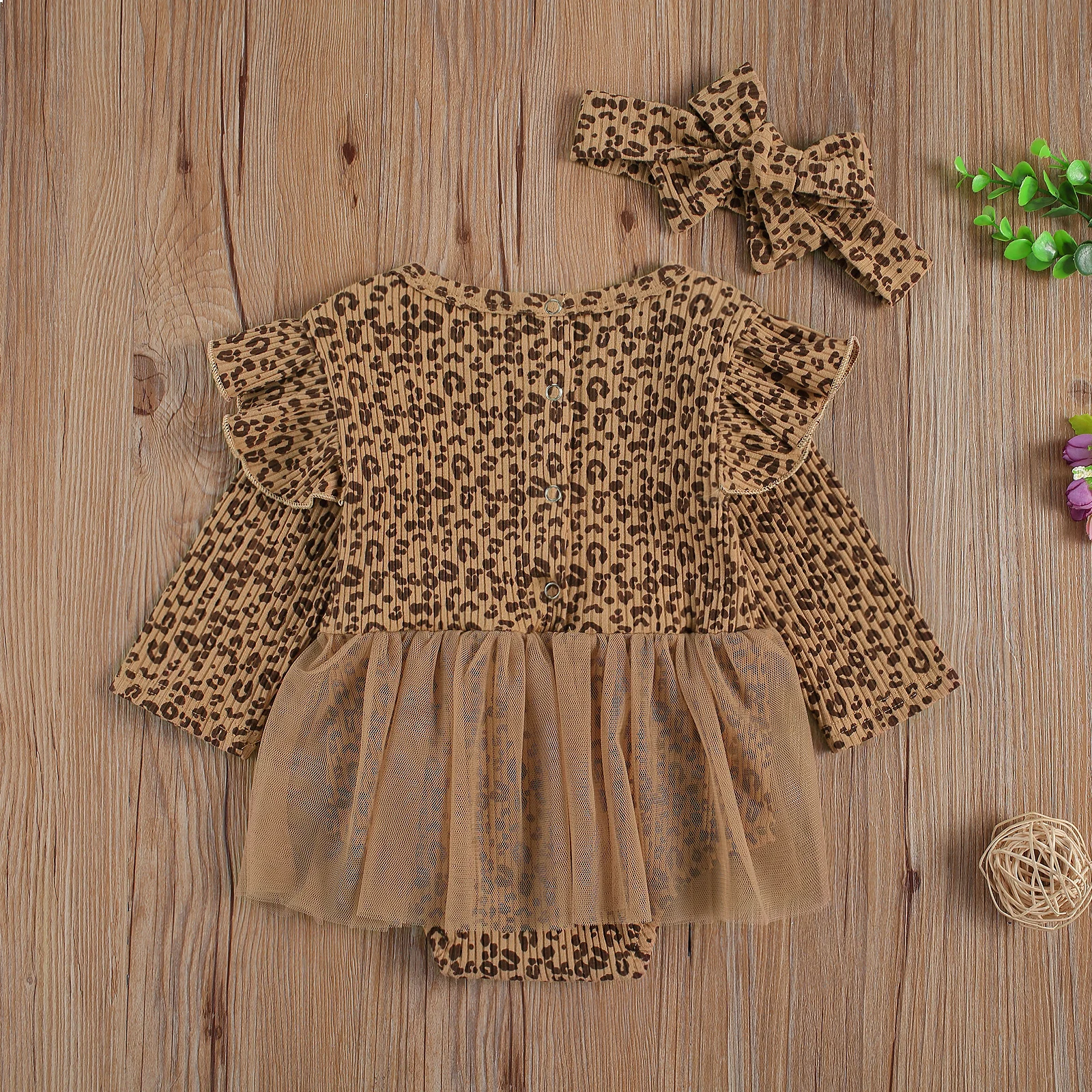 Nyfødte spædbarn Baby Piger 0-18M Lang Ærmet Ribbet Leopard Jumpsuits Mesh Bodyer Nederdele Foråret Efteråret Outfits +Pandebånd