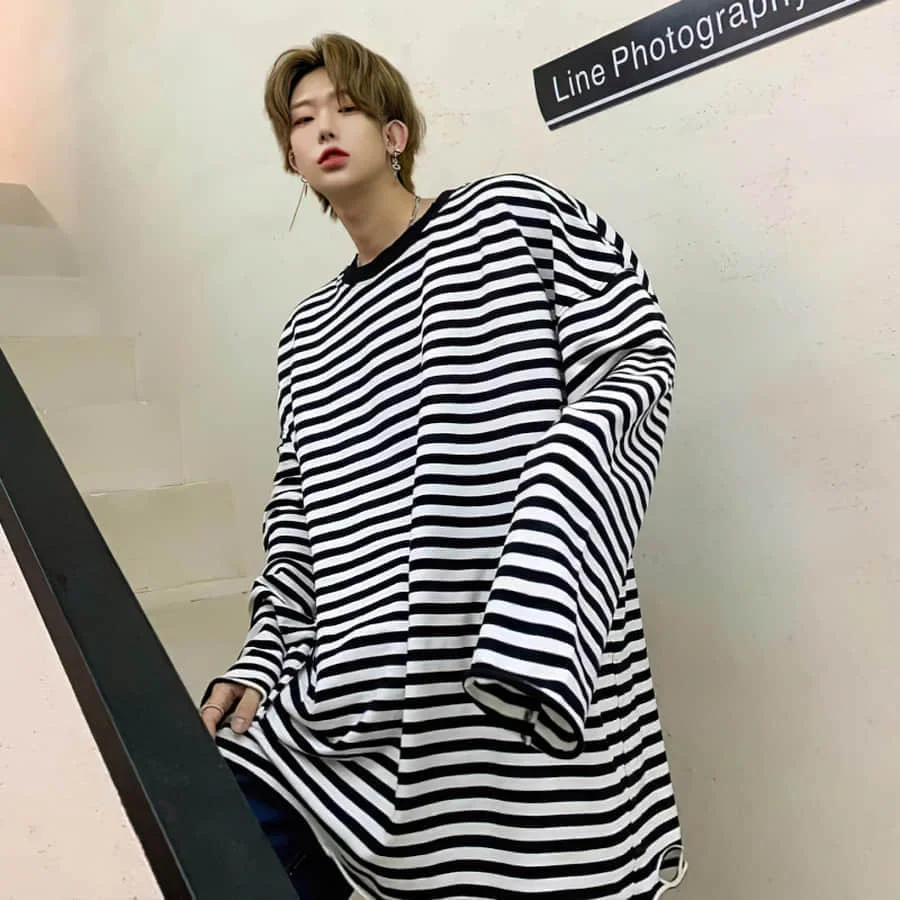 NiceMix Harajuku Unisex T-shirt Mænd Stripe Toppe Løs langærmet TShirt Kvinder Streetwear Trække Femme Jersey