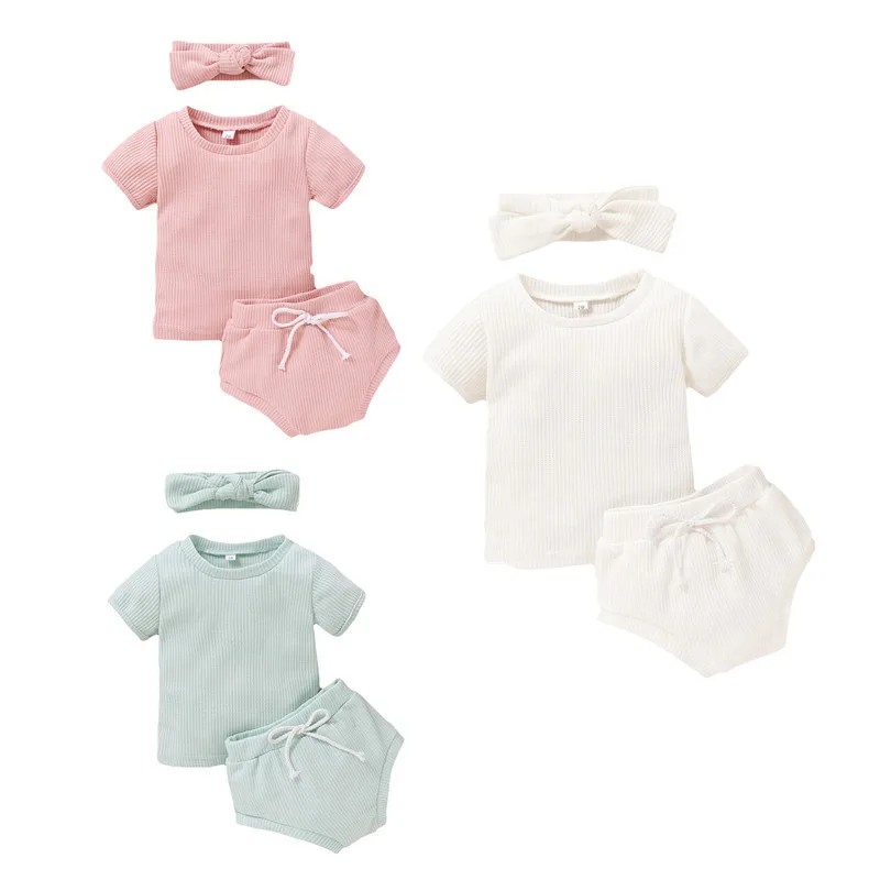 2020 Sommer Baby Pige Nyfødte Spædbarn Sommeren Strikket Tøj af Bomuld T-shirt, Shorts Hovedbøjle 3stk