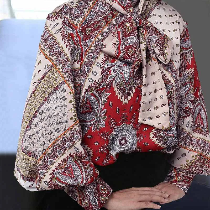 5XL Celmia Efteråret Lange Ærmer Kvinder, Toppe, Mode Etnisk Print Satin Bluser Høj Hals Lanterne Ærme Bue Elegante Shirt Plus Størrelse