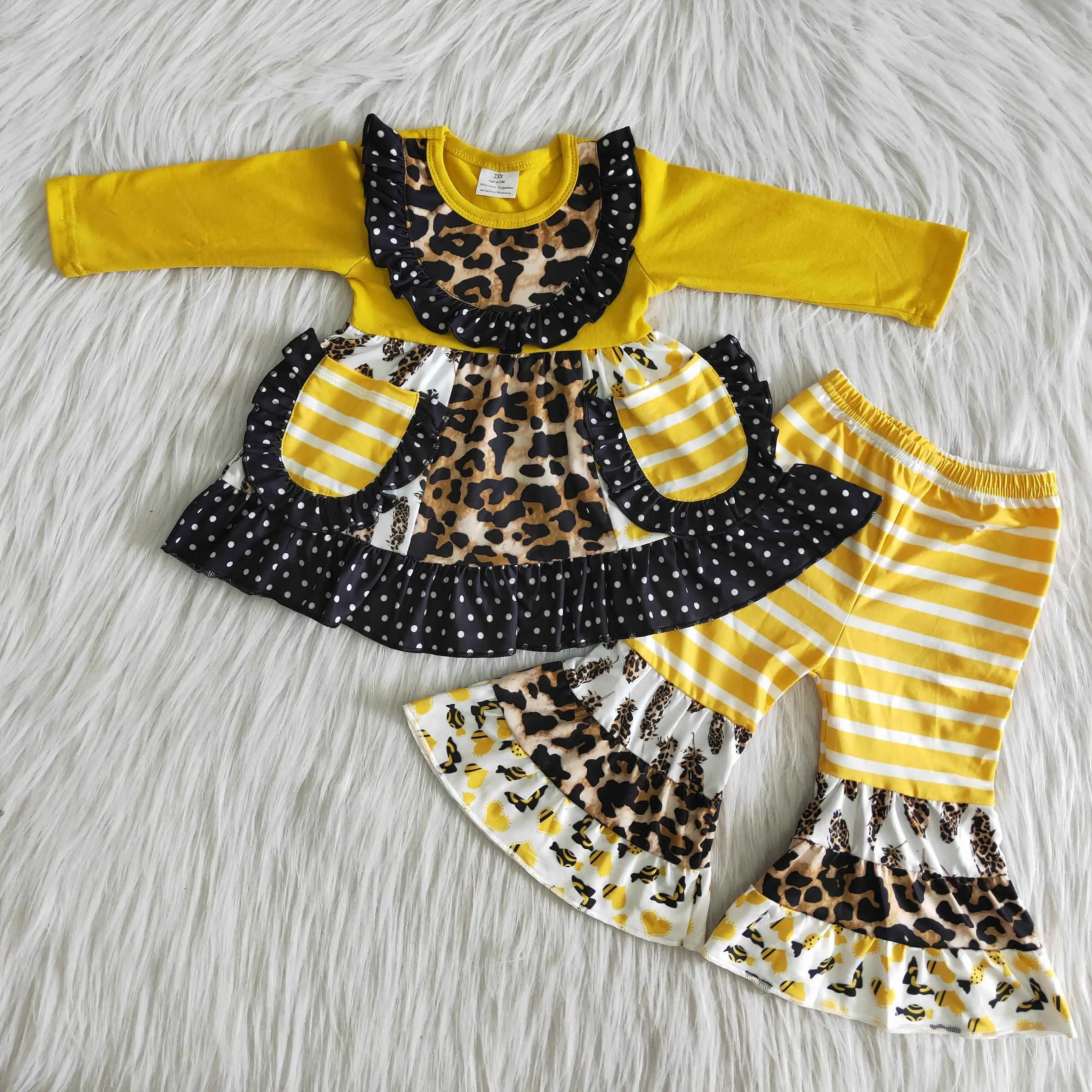 Nye produkter til børn piger efterår og vinter leopard fjer print lomme design fashionable stribet bell bottom bukser