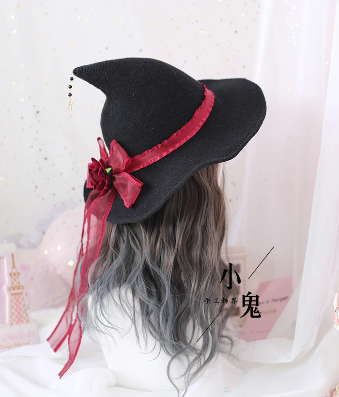 Lolita Halloween Retro Heks Hat Maskerade Steg Stor Bue Wizard Hat Gotiske Magiske Pige Hat Cosplay Tilbehør Part Indretning