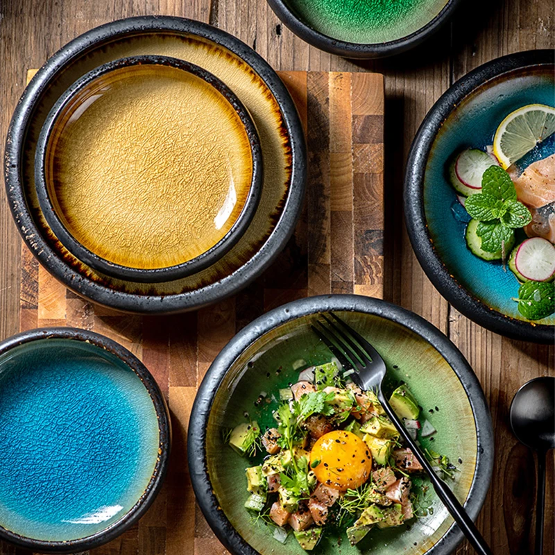 KINGLANG Kreative Ovnen Is Split Glasur Keramisk Plade Japansk Sushi, Sashimi Plade Skål Salat Tallerken