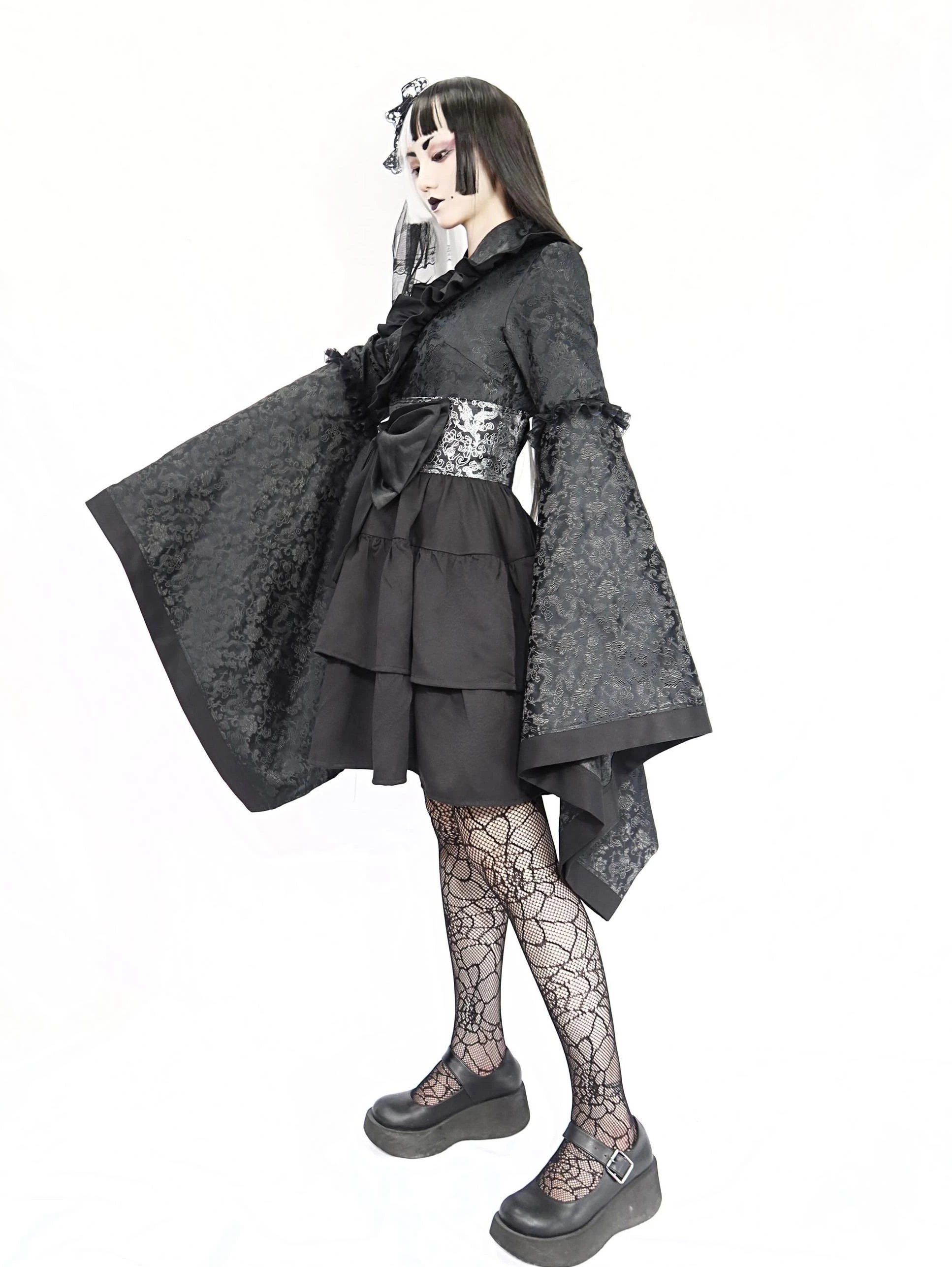 Oprindelige Design Gotisk Stil Mørk Sort Vibrationer Ærme Kimono Kjole Dragon Blonder Butterfly Mini Kjole Kage