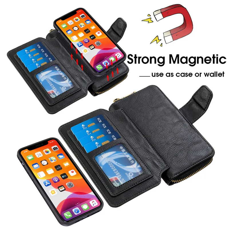 Wallet Læder taske Til iPhone SE 2020 11 Pro Max antal Xr Xs Aftagelig Magnetisk Lynlås taske Til iPhone 8 7 6 6S Plus Flip Phone Case