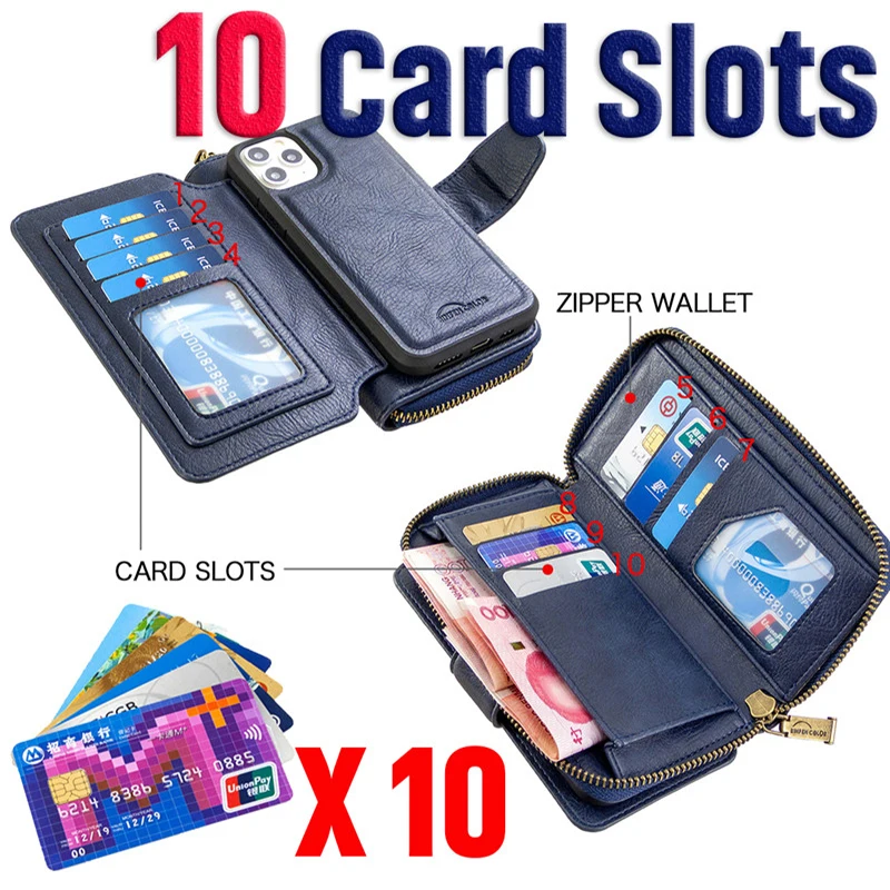 Wallet Læder taske Til iPhone SE 2020 11 Pro Max antal Xr Xs Aftagelig Magnetisk Lynlås taske Til iPhone 8 7 6 6S Plus Flip Phone Case