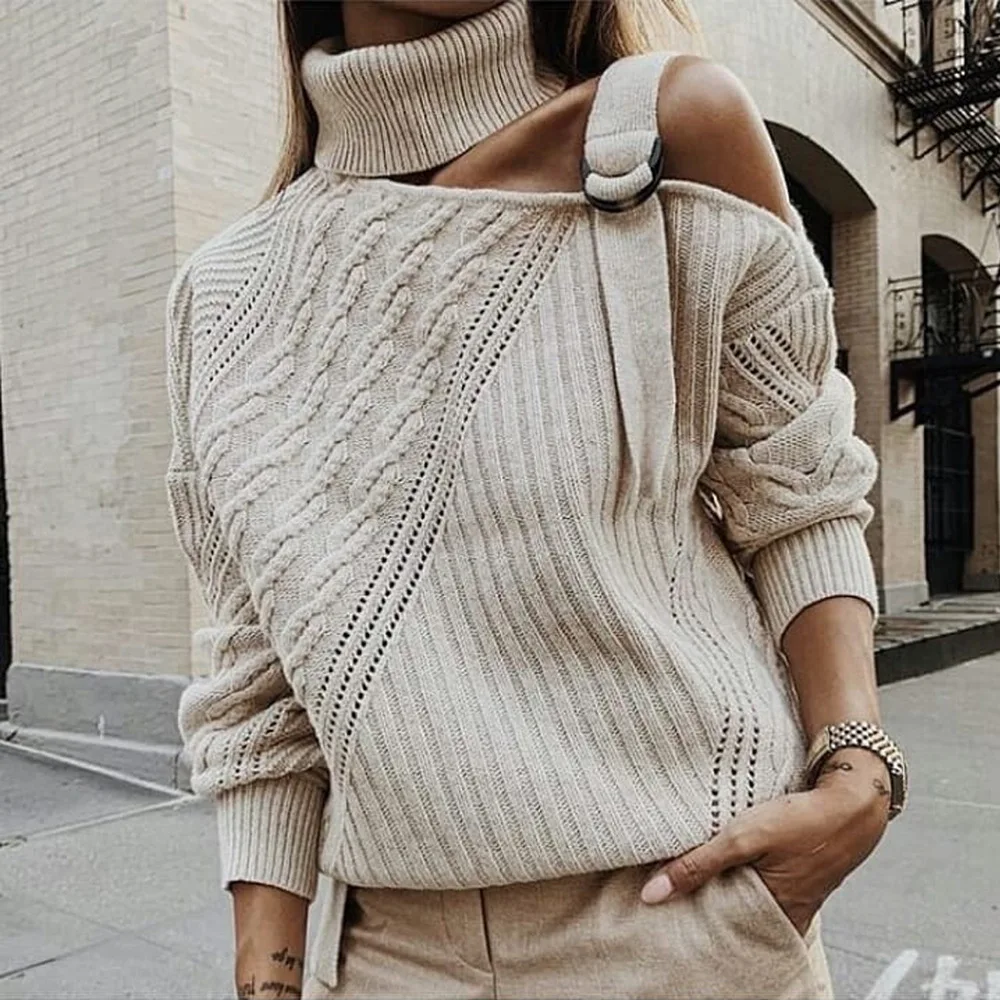 Foridol strikket hule ud sweater, trøjer kvindelige ene skulder bælte rullekrave oversize sweater casual streetwear vintage top