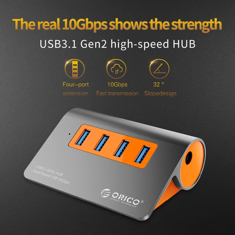 ORICO USB3.1 Gen2 HUB Aluminium USB-HUB PC Splitter 10Gbps Super Hastighed, 12V Power Adapter til Samsung Galaxy S9/S8/Bemærk
