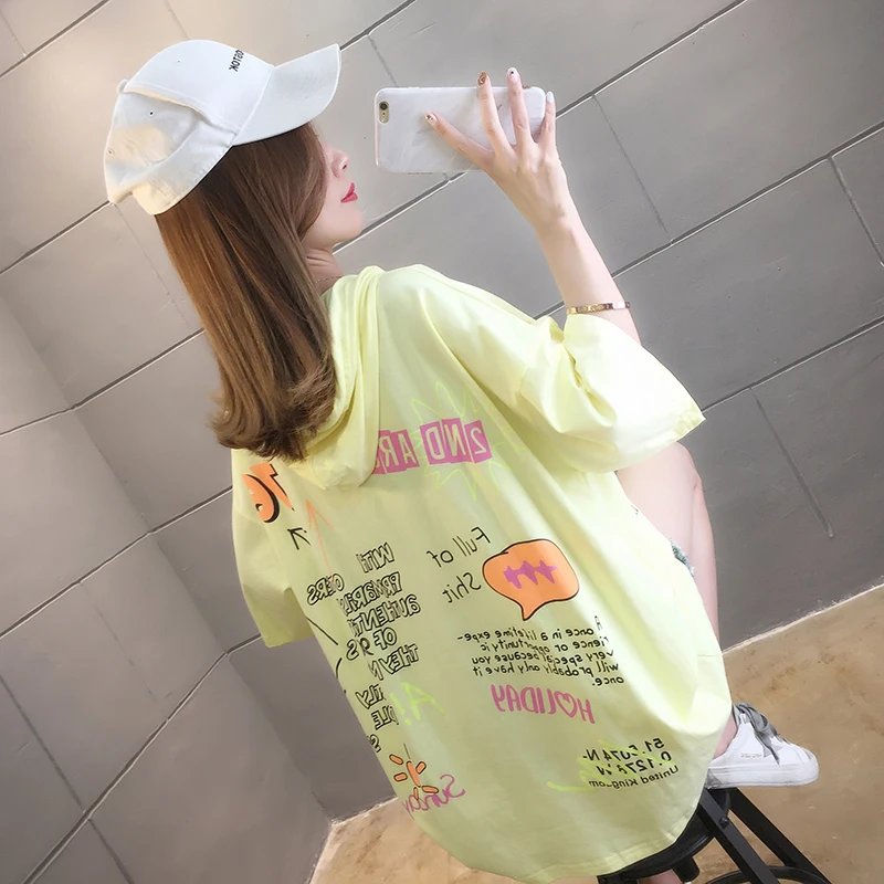 #0836 Sommer Hvid Grøn Grå Harajuku Streetwear T-Shirt Kvinder Bogstaver Påtrykt Løs, Lang T-Shirt Med Hætte Koreansk Mode