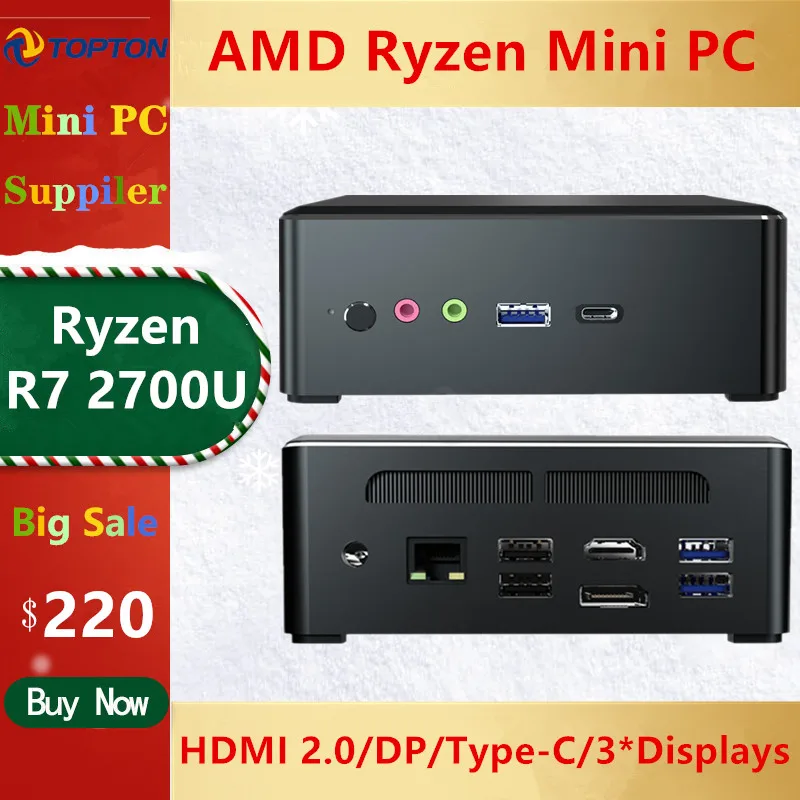 AMD Gaming Mini-PC Ryzen R7 2700U Quad Core Vega10 Grafisk 2*DDR4 M. 2 NVME Desktop-Computer, Windows-10 4K HDMI2.0 Type-C DP WiFi