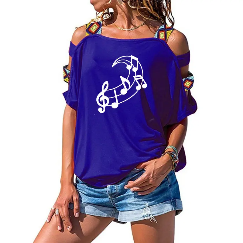 Ny Musik Bemærk Månen Grafisk Print T-Shirt til Sommeren Kvinder tshirt Bomuld Sexet Hule Skulder Tee