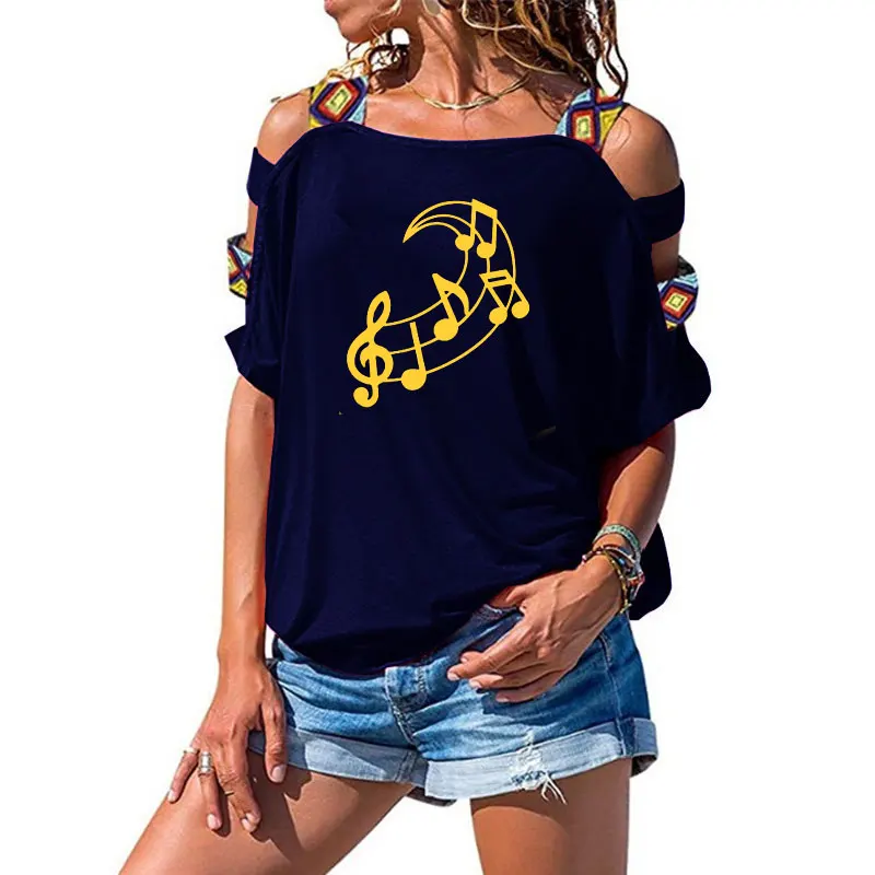 Ny Musik Bemærk Månen Grafisk Print T-Shirt til Sommeren Kvinder tshirt Bomuld Sexet Hule Skulder Tee