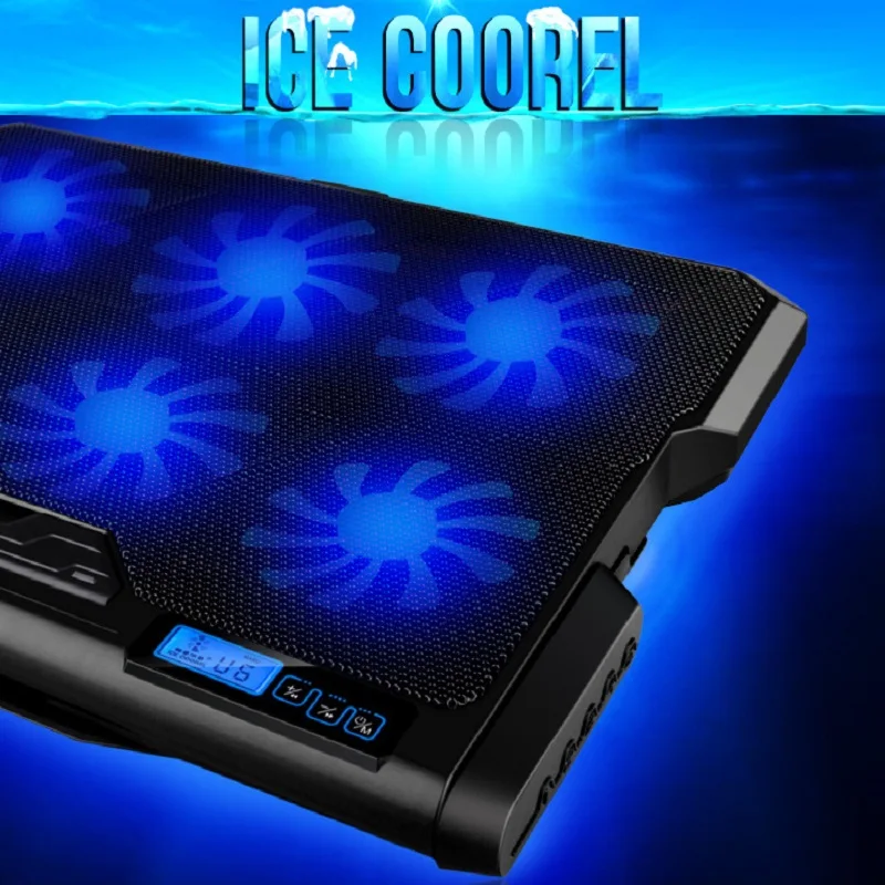 Gaming Laptop Cooler Notebook Køling 2 USB-Porte til tastatur 6 Tavse Blå LED Fans Kraftig luftstrøm Bærbare Justerbart Laptop Stand