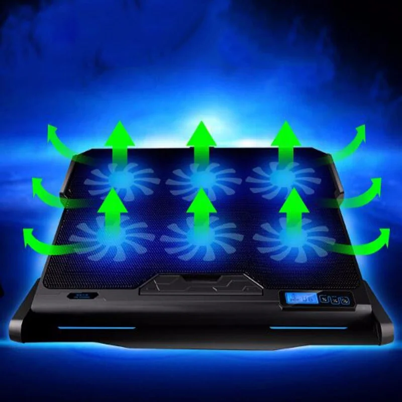 Gaming Laptop Cooler Notebook Køling 2 USB-Porte til tastatur 6 Tavse Blå LED Fans Kraftig luftstrøm Bærbare Justerbart Laptop Stand