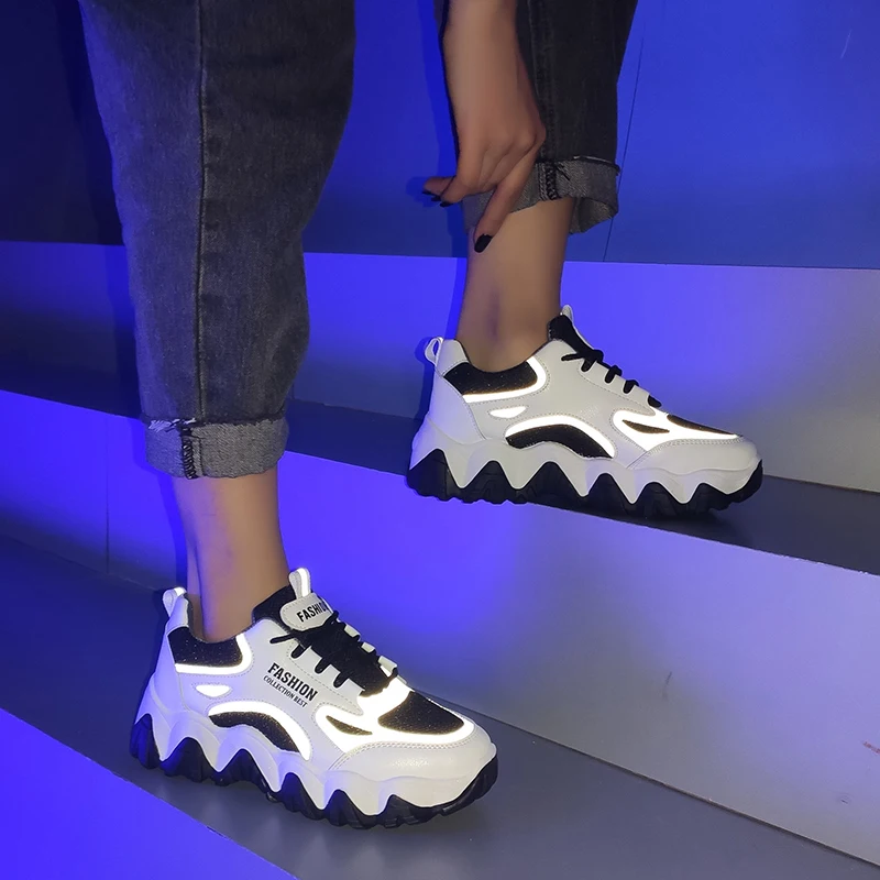 Rimocy Fashion Sort Hvid Chunky Sneakers Kvinder Foråret 2021 Platform Lace-Up Afslappet Sko Kvinde, Tyk Tunge Damer Sport Sko
