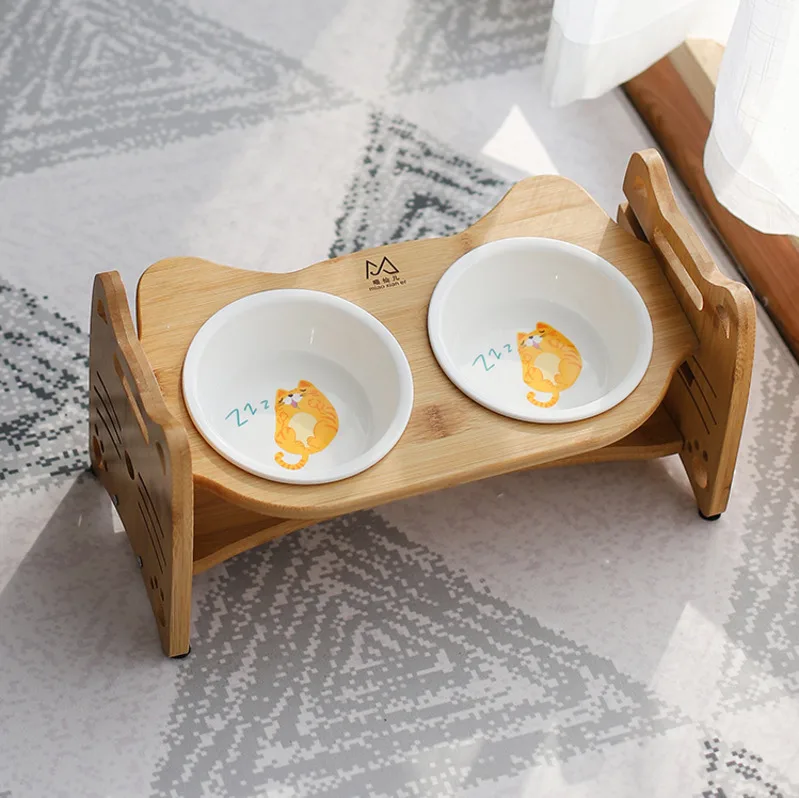 Træ-Pet spisebord Dobbelt Skåle Kat Skrå Foderautomater Killing Retter med Hældning Bambus Rack Hvalp Drink Feeding Bowl HW035