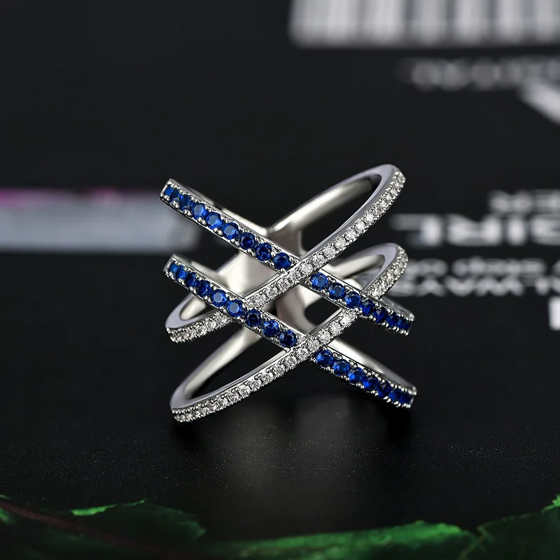Jellystory Mode Ring 925 Sølv Smykker med Safir Zircon Sten Dobbelt Kors Formet Ring for Kvinder bryllupsfest Gaver