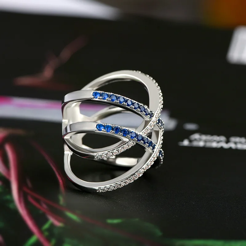 Jellystory Mode Ring 925 Sølv Smykker med Safir Zircon Sten Dobbelt Kors Formet Ring for Kvinder bryllupsfest Gaver
