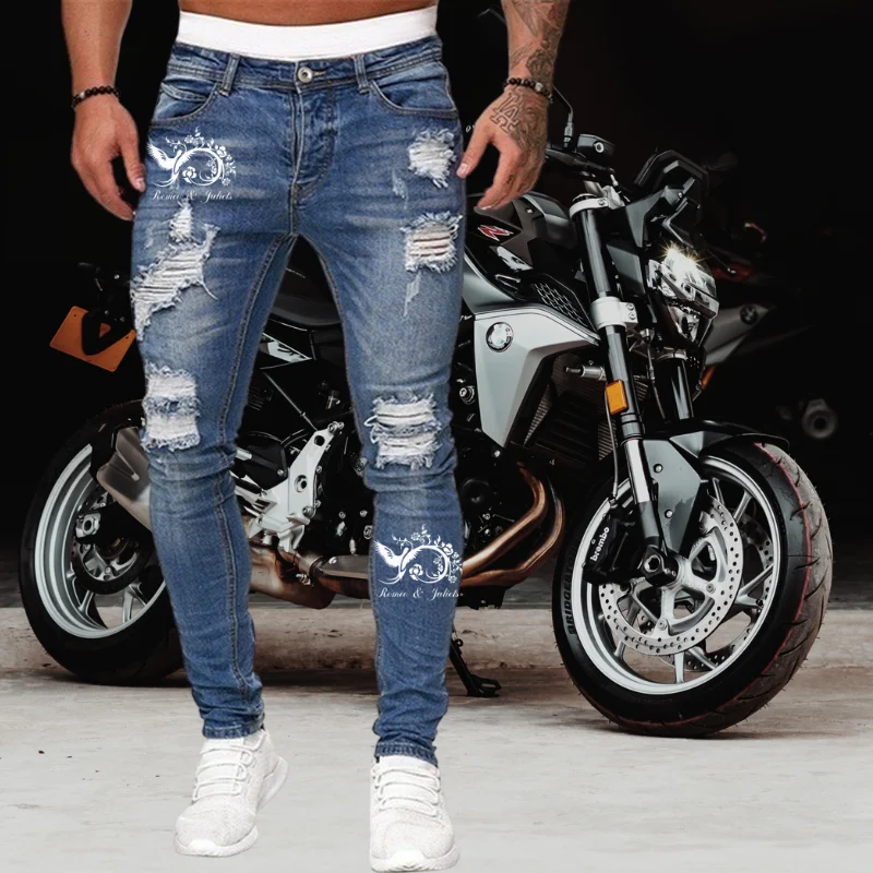 Nyt HUL Skinny Jeans Mænd 2021 Phoenix Logo Print Ødelagt slidte Jeans Homme Hip Hop Brudt mandlige Blyant Biker Lappe Bukser