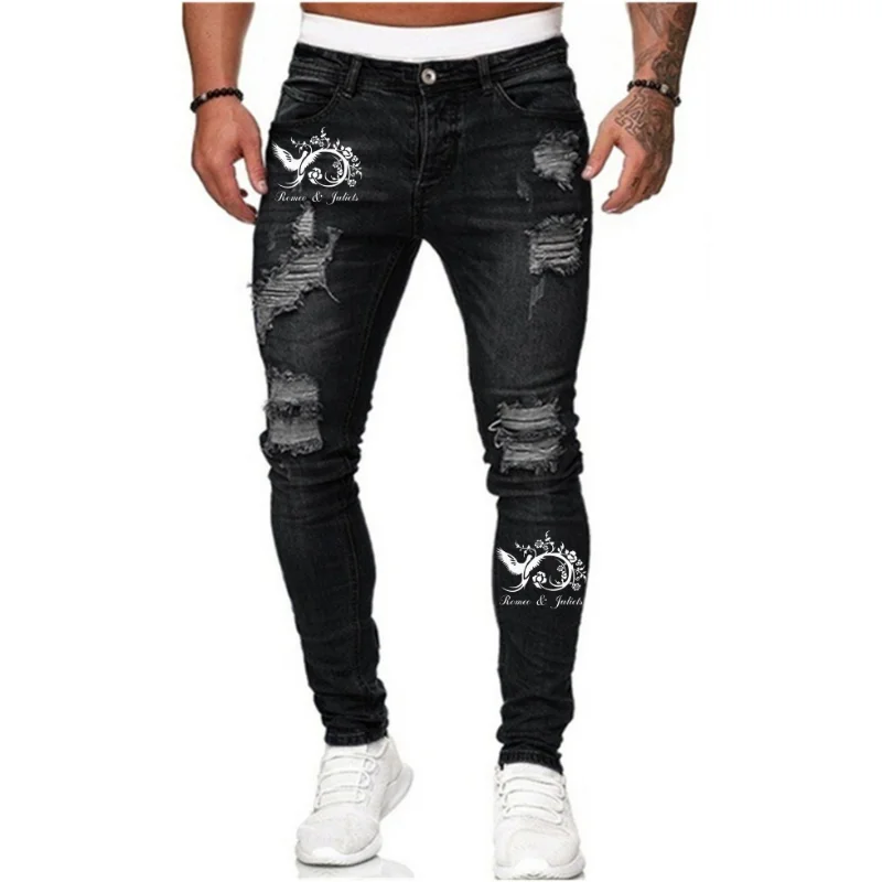 Nyt HUL Skinny Jeans Mænd 2021 Phoenix Logo Print Ødelagt slidte Jeans Homme Hip Hop Brudt mandlige Blyant Biker Lappe Bukser